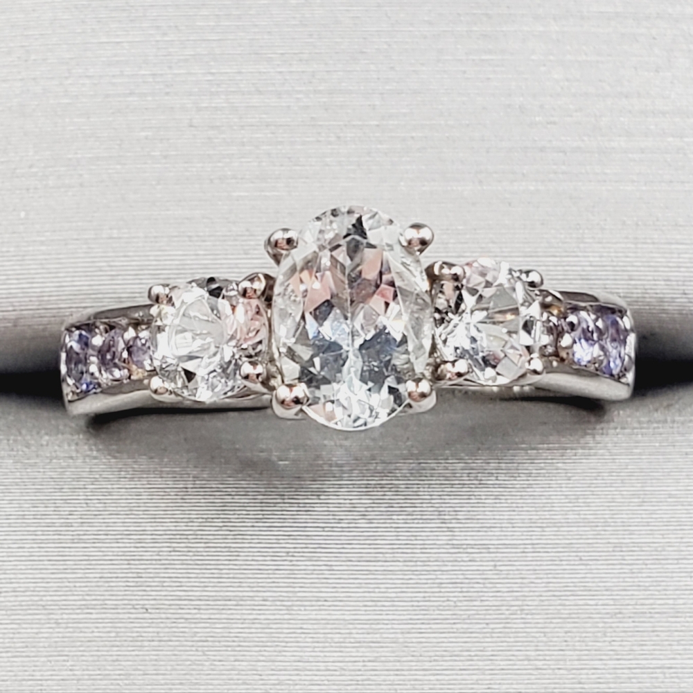 Goshenite & Tanzanite Ring 925 Sterling Silver Ring Three Stone Ring